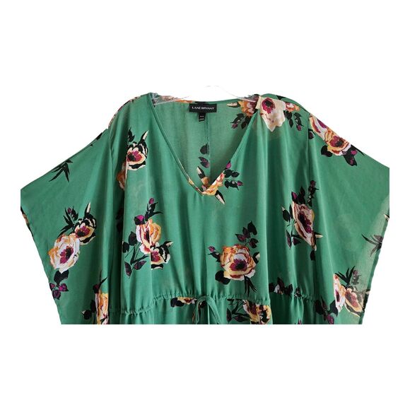 LANE BRYANT 14 16 Tunic Top Emerald Green Floral Semi Sheer Drawstring Waist - Picture 2 of 6